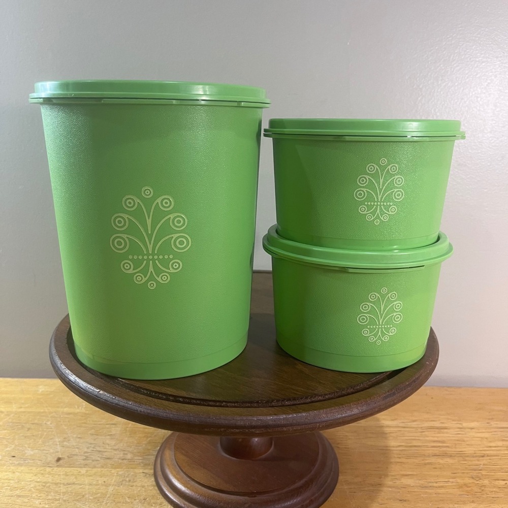 Tupperware Vtg Servalier Canister Set 3pc Green Sunburst Scroll 809-3 1297-10